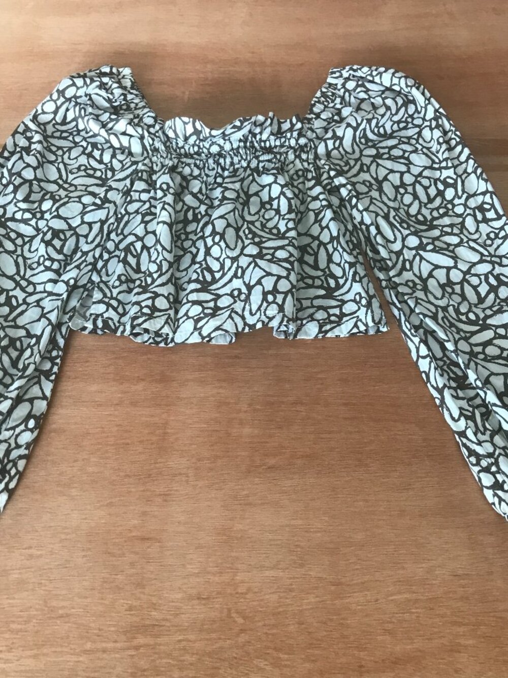 Open Edit Off The Shoulder Cropped Top Women XXS Black Geometric Smocked Boho